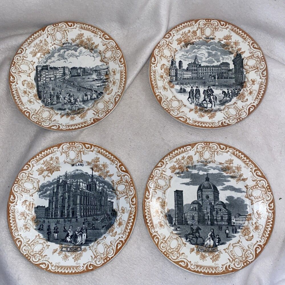 Antique Vintage Citta Art Plates Italy Picture Milano Piazza Set 4 Decor Chic